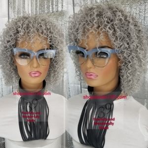 Salt and pepper gray curly wig with bangs